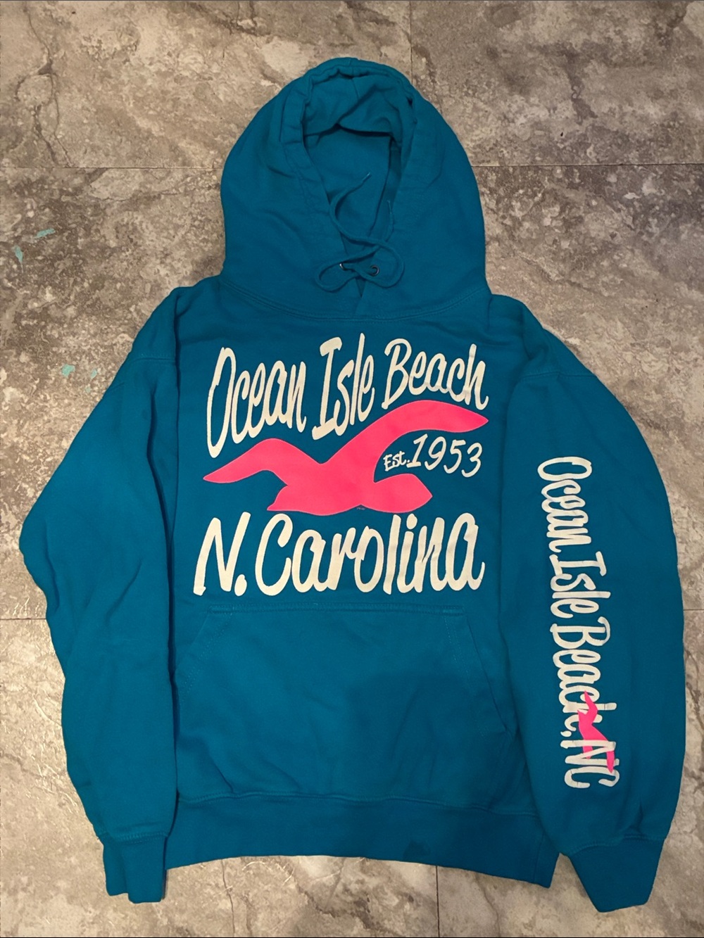 Ocean Isle Beach N. Carolina Teal Hoodie with Pink Graphic